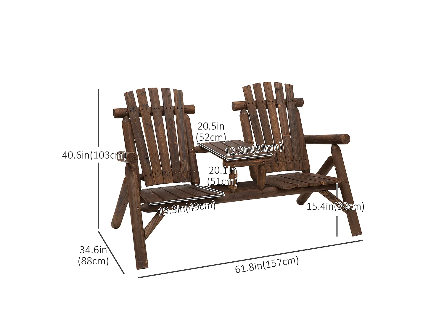 Basaveva Carbonized Fir Jack and Jill 2 Seater Garden Bench with Centre Table