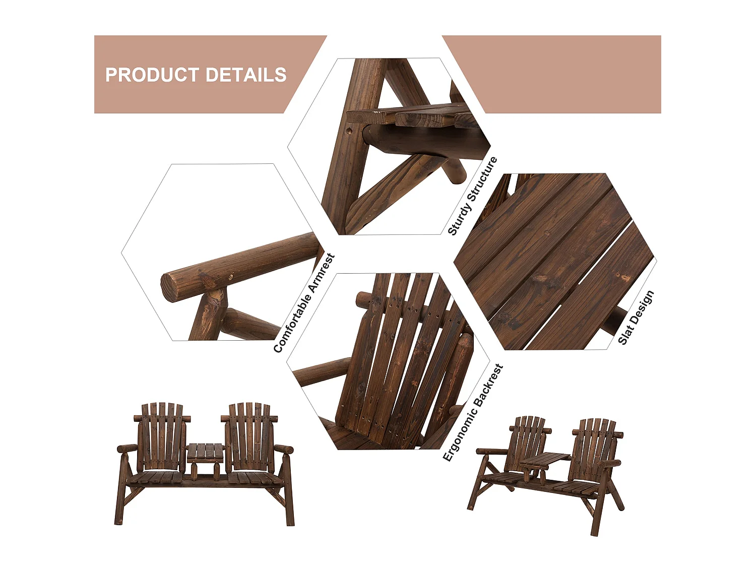 Basaveva Carbonized Fir Jack and Jill 2 Seater Garden Bench with Centre Table