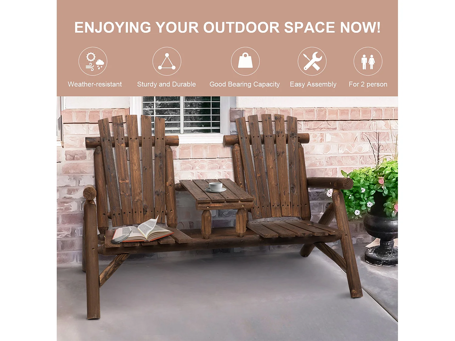Basaveva Carbonized Fir Jack and Jill 2 Seater Garden Bench with Centre Table