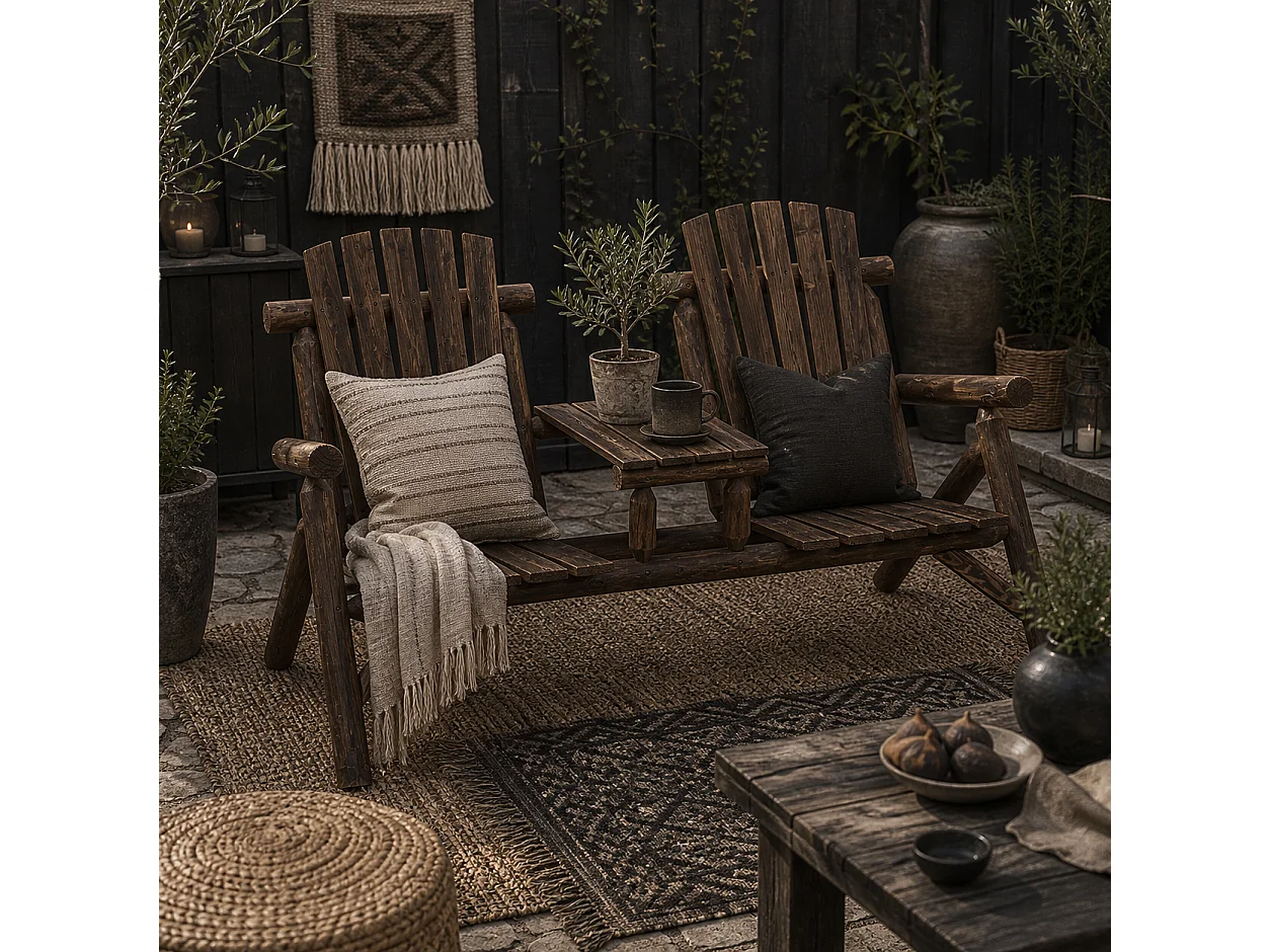 Basaveva Carbonized Fir Jack and Jill 2 Seater Garden Bench with Centre Table