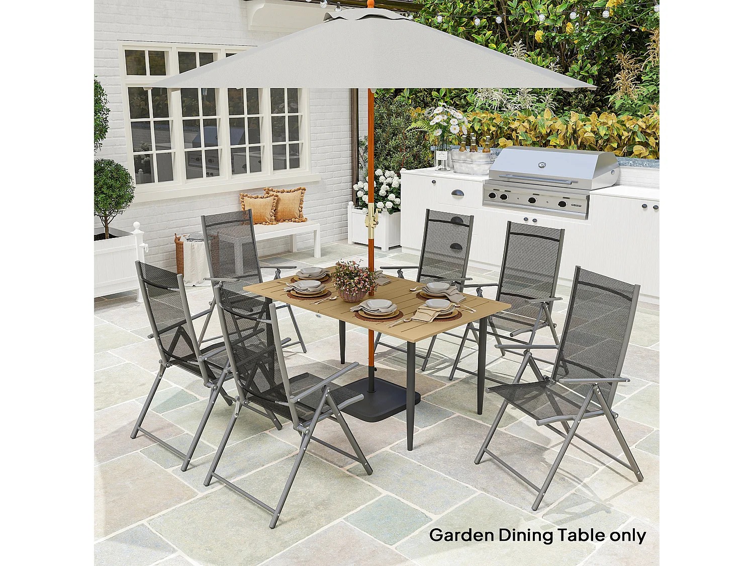 Safafa 150cm Brown Metal Rectangular Garden Dining Table with Slatted Top and Parasol Hole