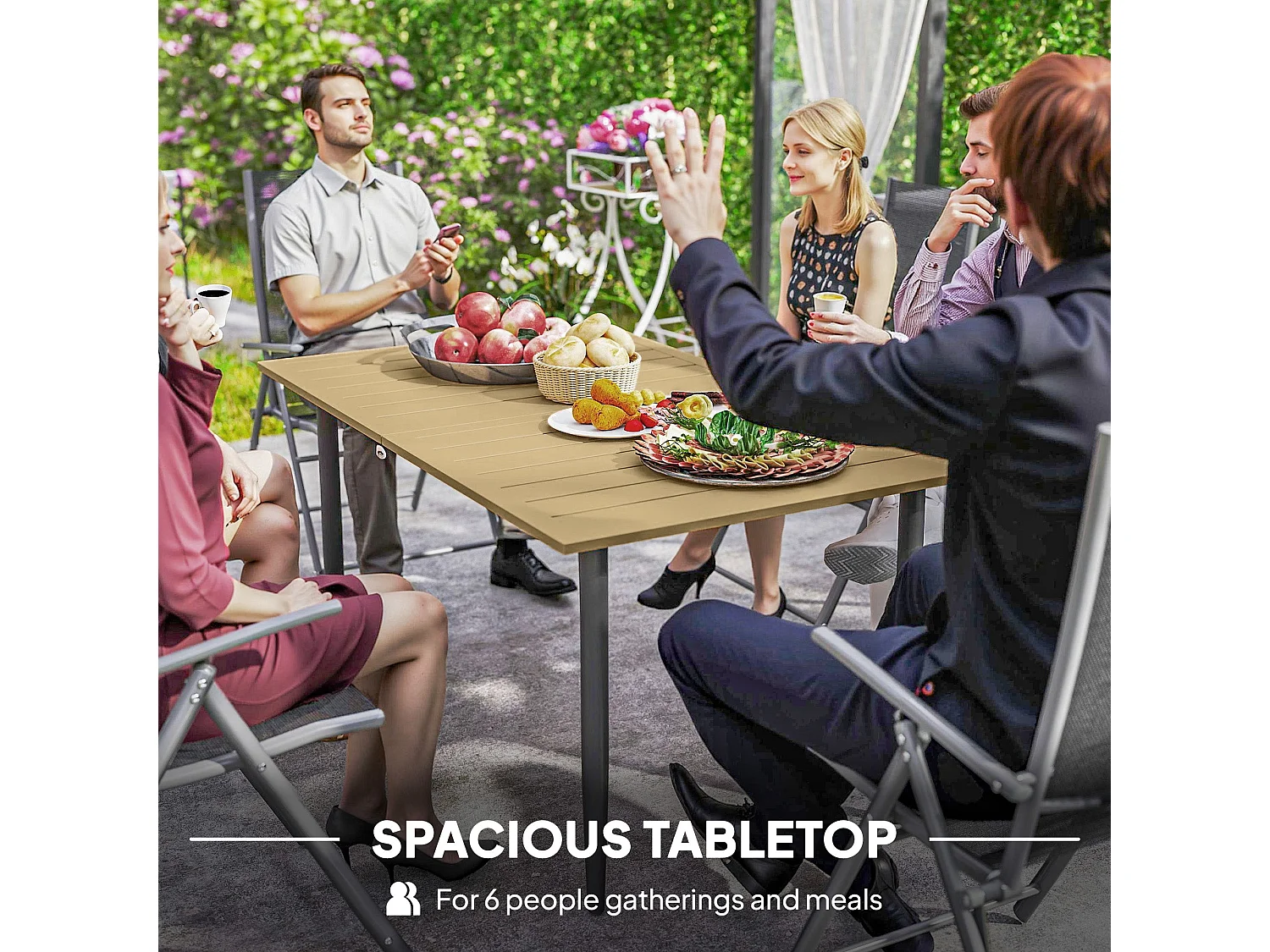 Safafa 150cm Brown Metal Rectangular Garden Dining Table with Slatted Top and Parasol Hole