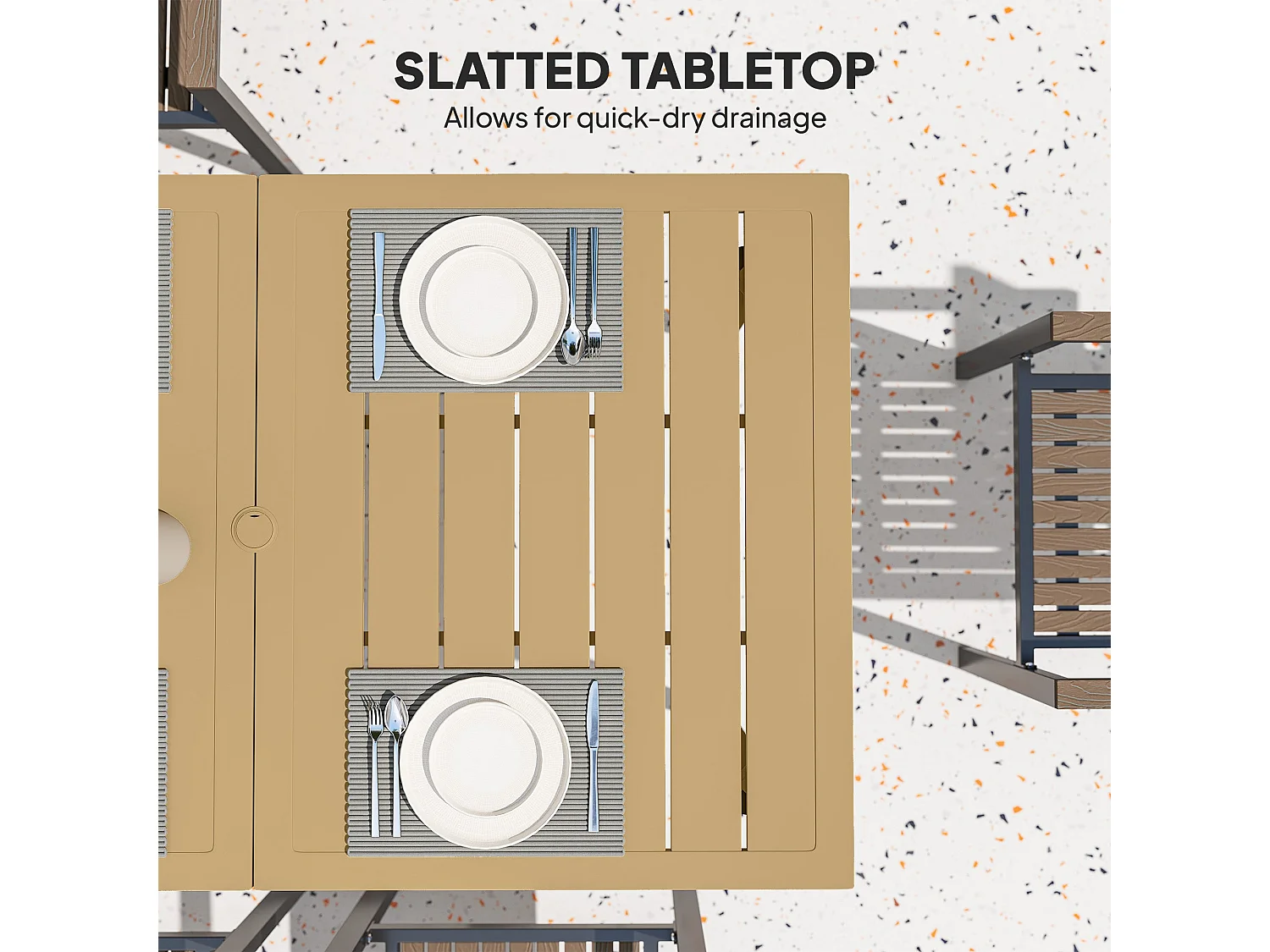 Safafa 150cm Brown Metal Rectangular Garden Dining Table with Slatted Top and Parasol Hole