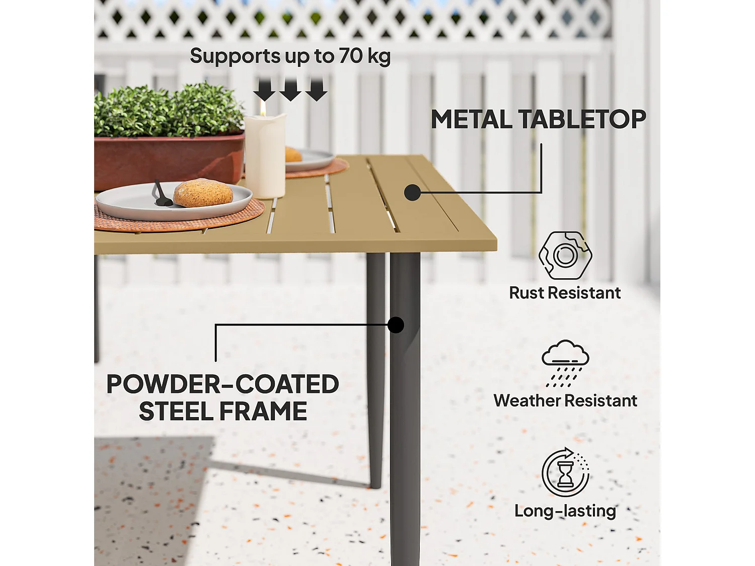 Safafa 150cm Brown Metal Rectangular Garden Dining Table with Slatted Top and Parasol Hole
