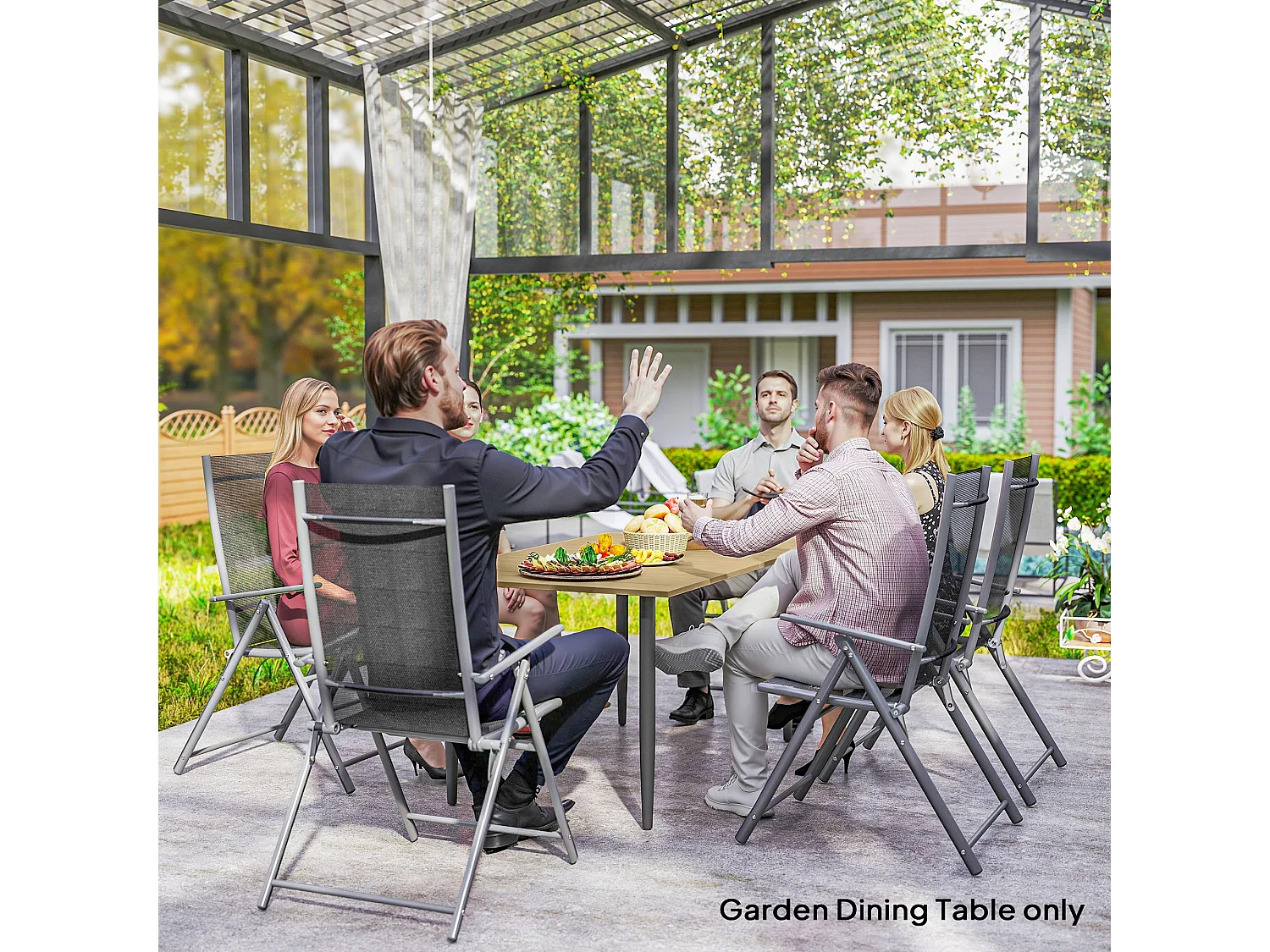 Safafa 150cm Brown Metal Rectangular Garden Dining Table with Slatted Top and Parasol Hole