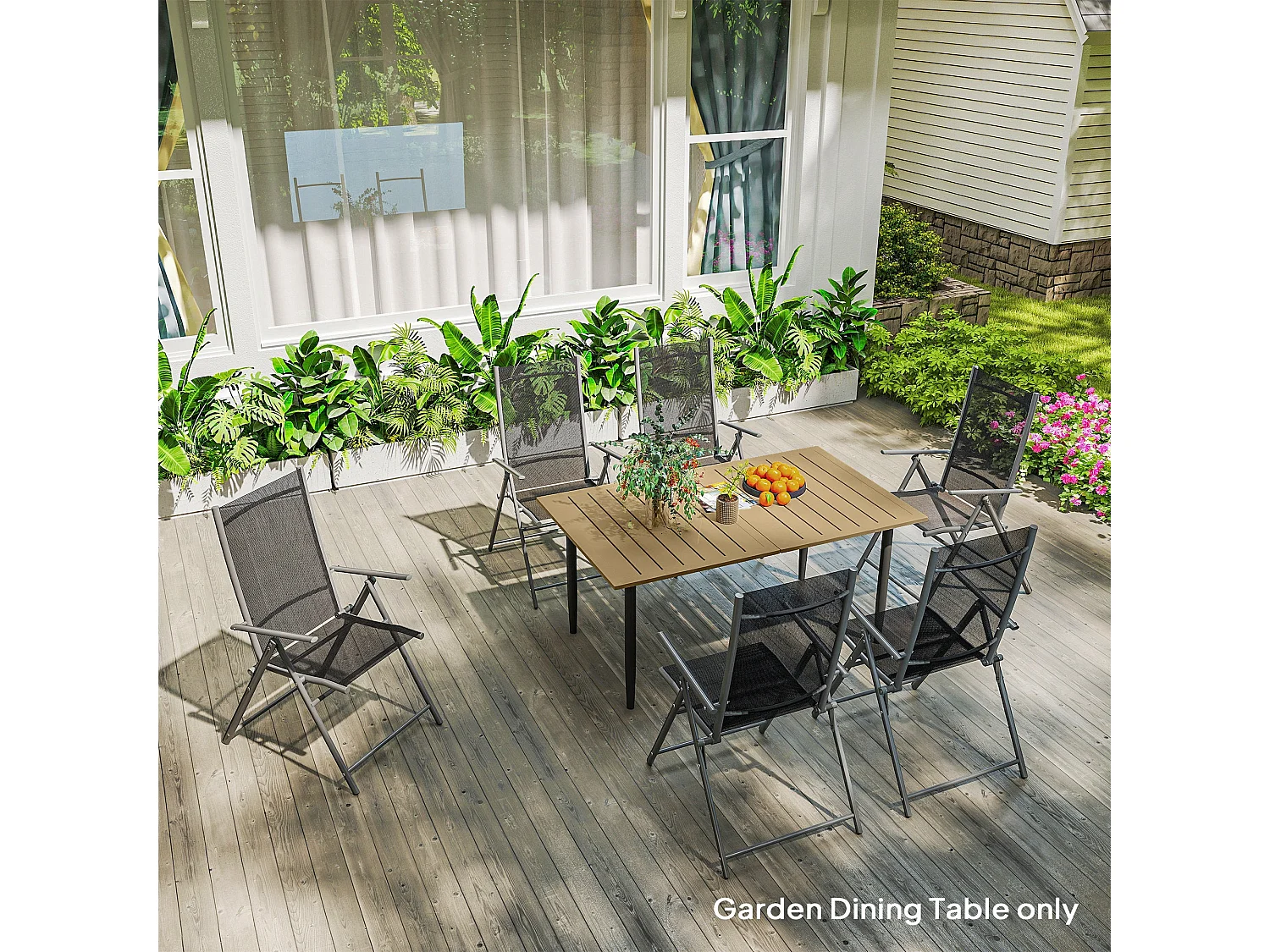 Safafa 150cm Brown Metal Rectangular Garden Dining Table with Slatted Top and Parasol Hole