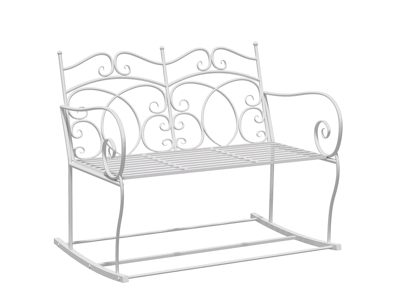 Yomino 2 Seater White Steel Outdoor Rocking Bench with Decorative Floral Backrest
