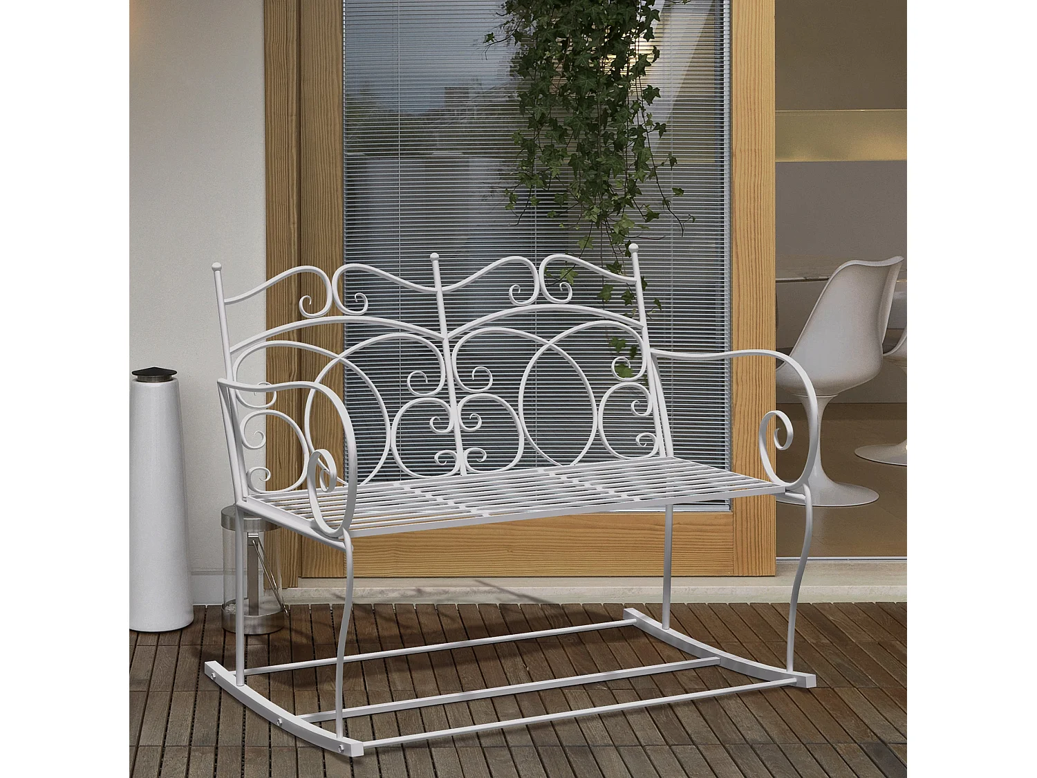 Yomino 2 Seater White Steel Outdoor Rocking Bench with Decorative Floral Backrest