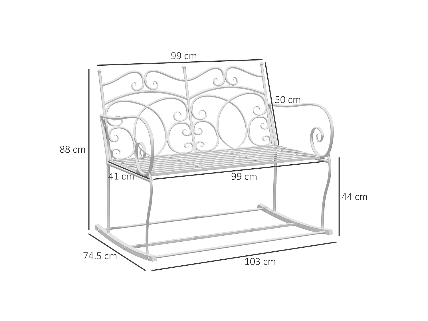 Yomino 2 Seater White Steel Outdoor Rocking Bench with Decorative Floral Backrest