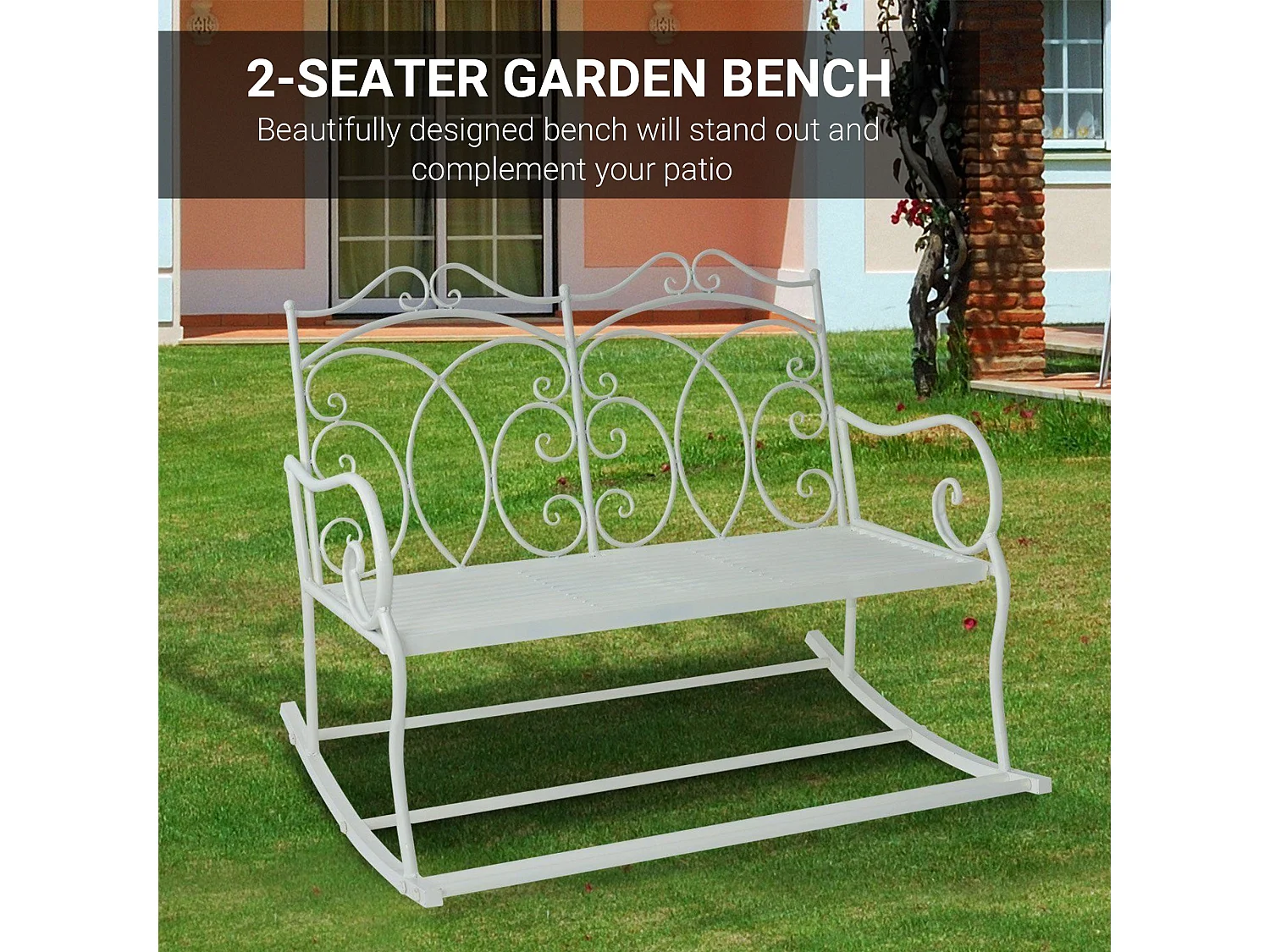 Yomino 2 Seater White Steel Outdoor Rocking Bench with Decorative Floral Backrest