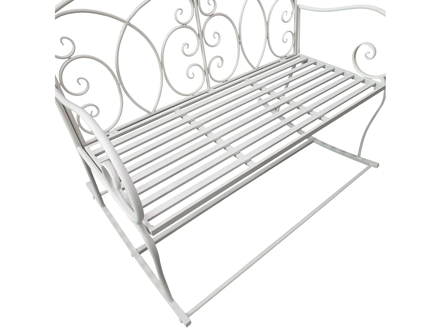 Yomino 2 Seater White Steel Outdoor Rocking Bench with Decorative Floral Backrest
