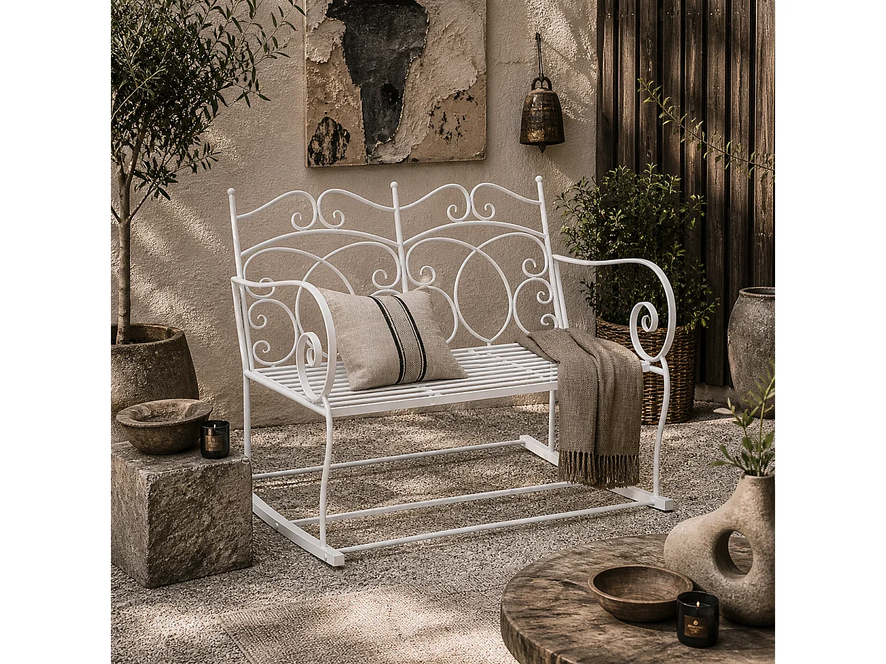 Yomino 2 Seater White Steel Outdoor Rocking Bench with Decorative Floral Backrest
