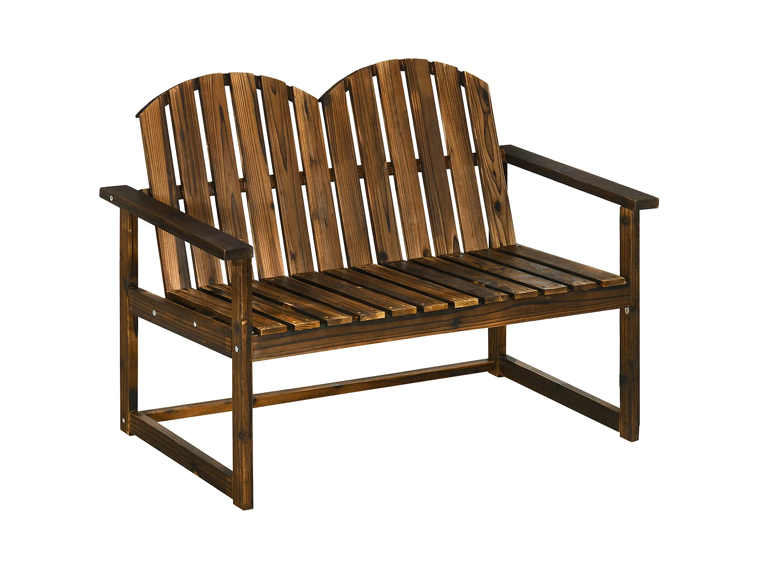 Rozi Wood 2 Seater Outdoor Garden Bench Fir Wood Carbonised Finish Slatted Back and Armrests