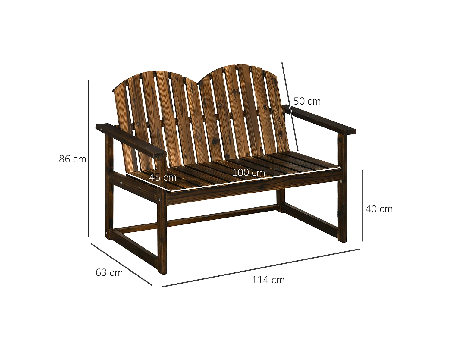 Rozi Wood 2 Seater Outdoor Garden Bench Fir Wood Carbonised Finish Slatted Back and Armrests