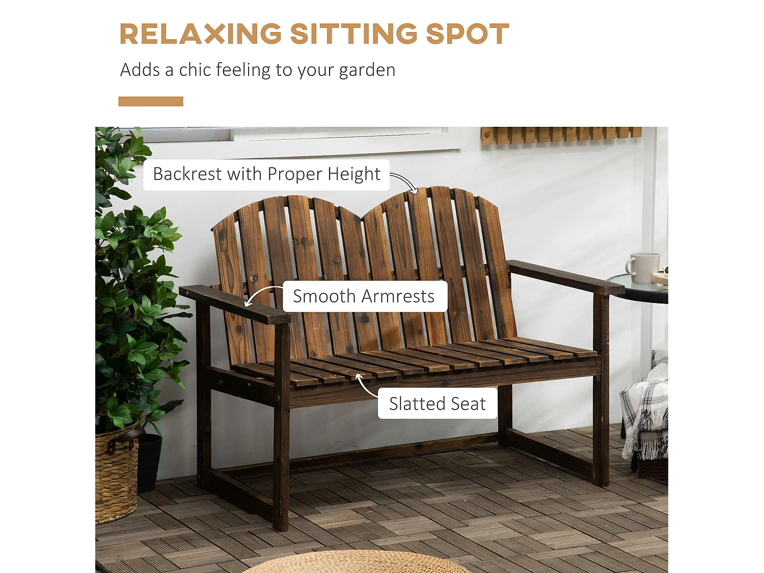 Rozi Wood 2 Seater Outdoor Garden Bench Fir Wood Carbonised Finish Slatted Back and Armrests