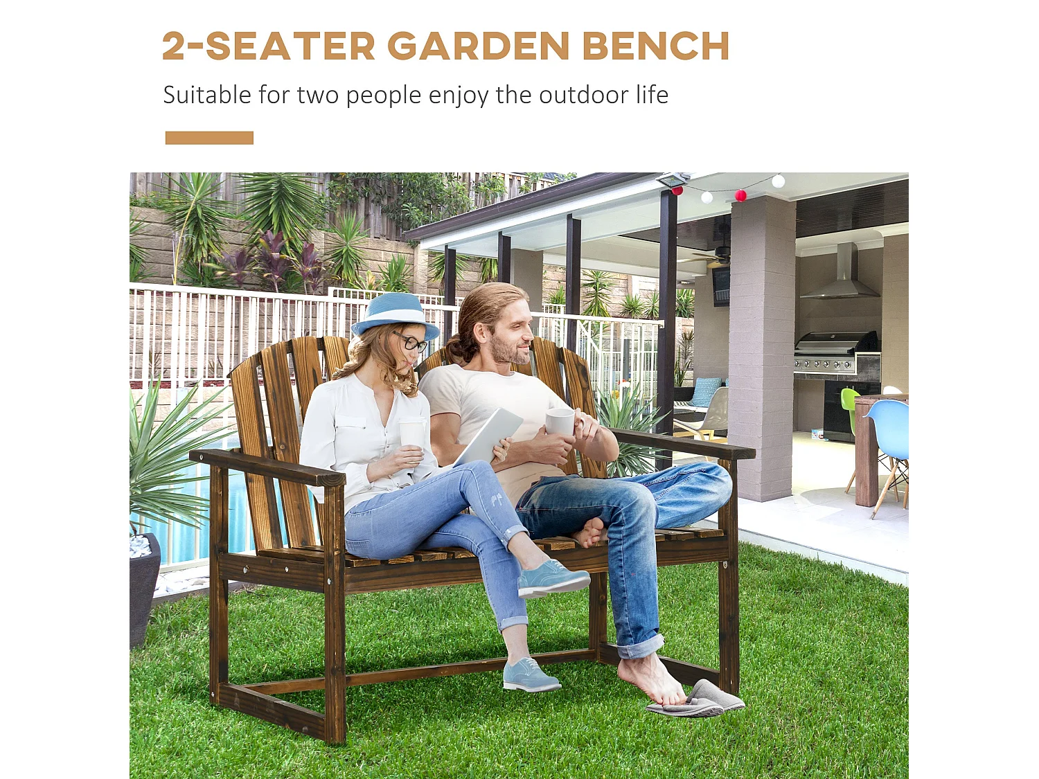 Rozi Wood 2 Seater Outdoor Garden Bench Fir Wood Carbonised Finish Slatted Back and Armrests