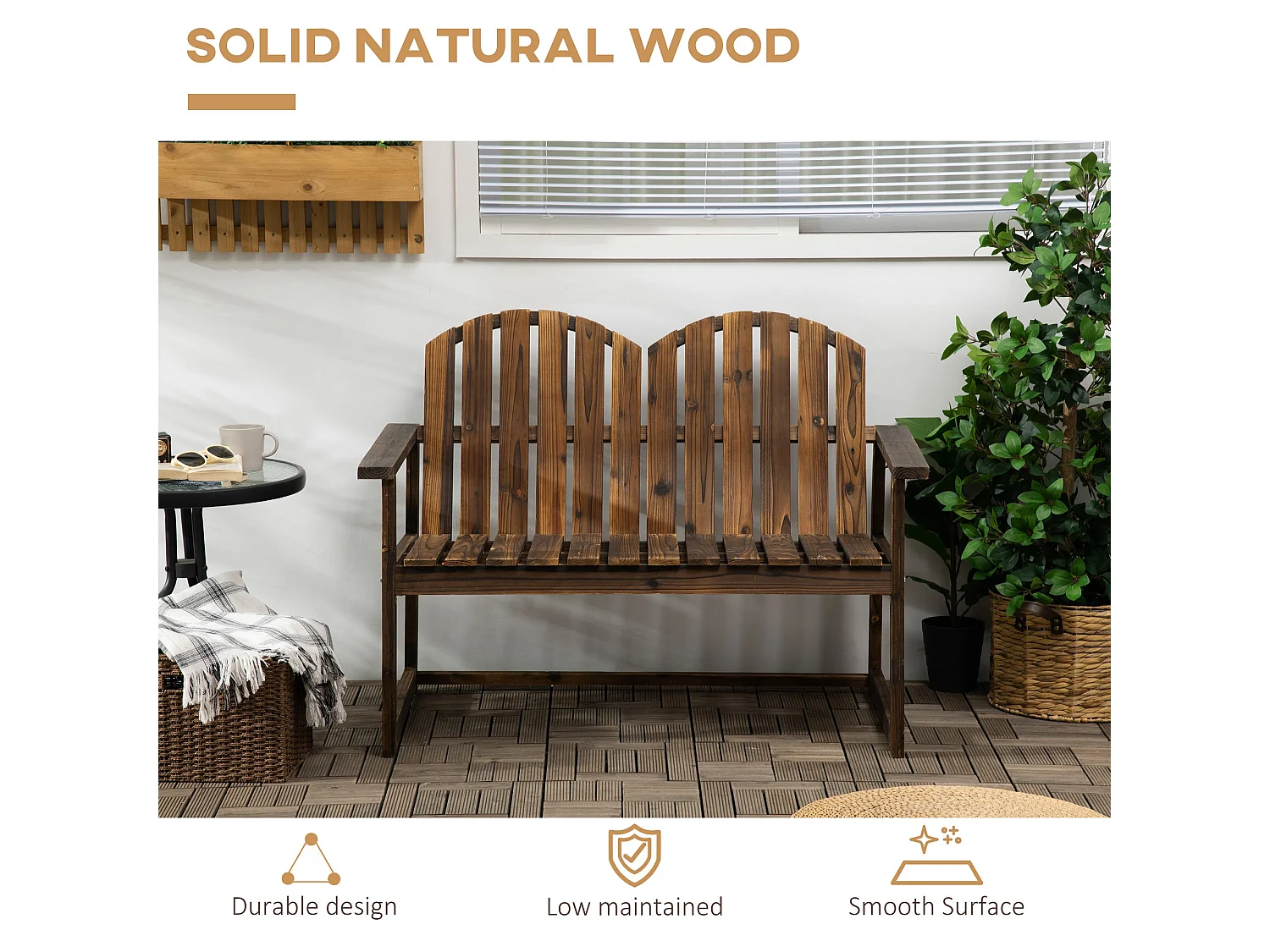 Rozi Wood 2 Seater Outdoor Garden Bench Fir Wood Carbonised Finish Slatted Back and Armrests
