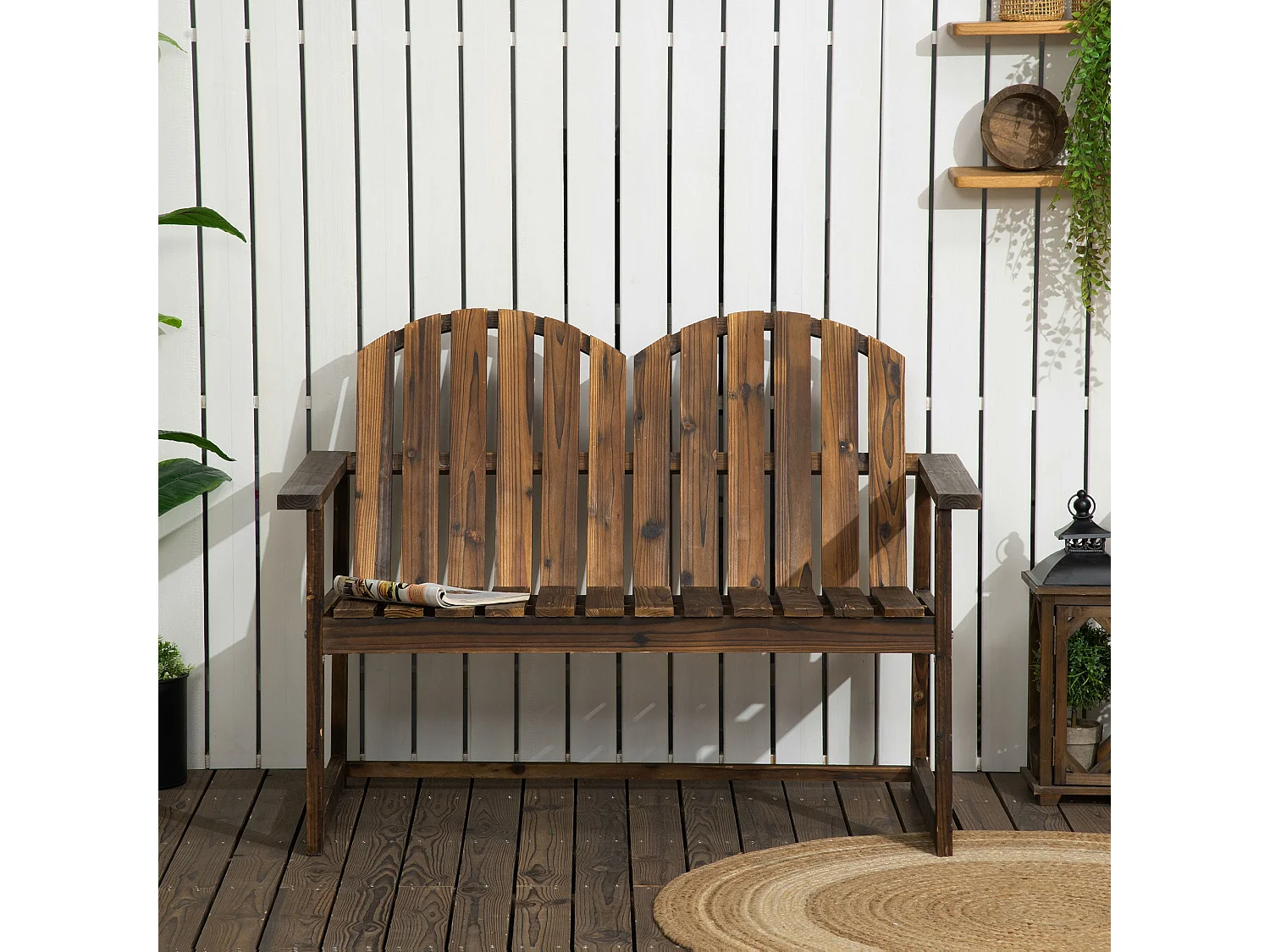 Rozi Wood 2 Seater Outdoor Garden Bench Fir Wood Carbonised Finish Slatted Back and Armrests