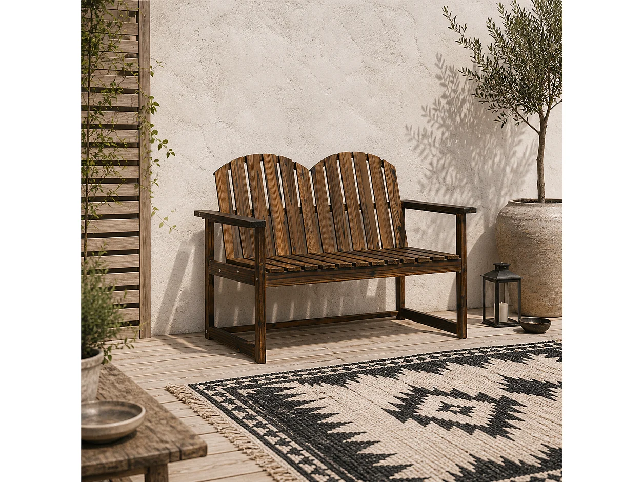Rozi Wood 2 Seater Outdoor Garden Bench Fir Wood Carbonised Finish Slatted Back and Armrests