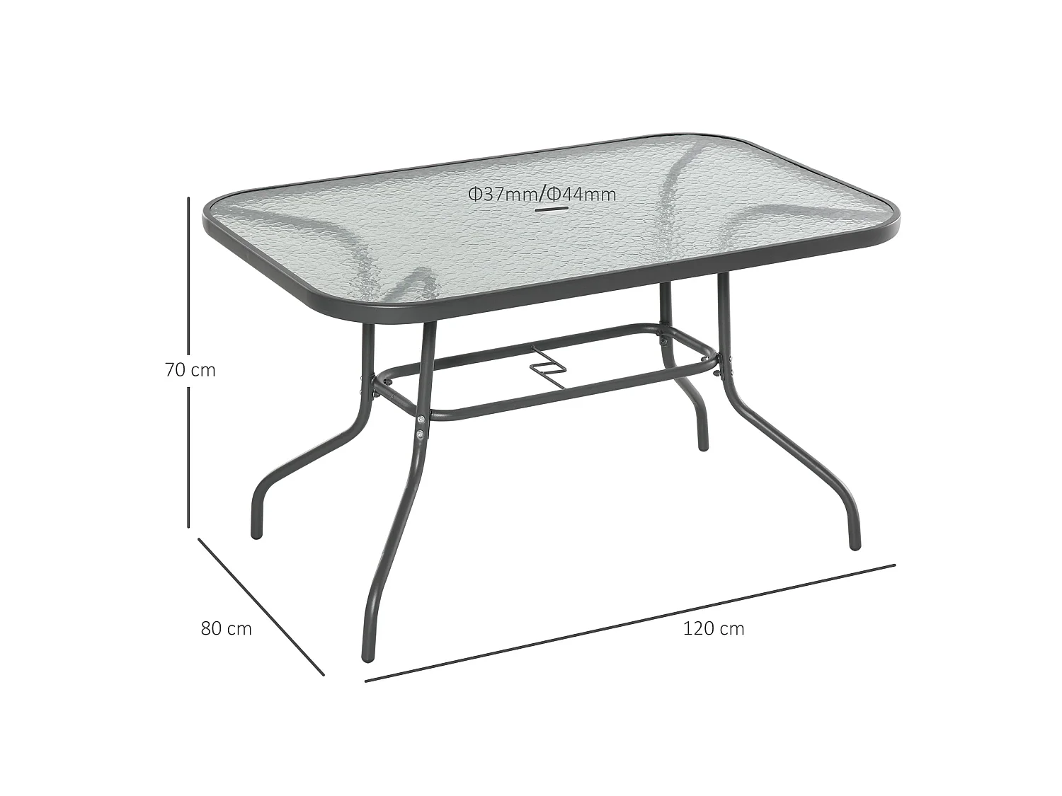 Lemone 120cm Charcoal Grey Rectangular Garden Dining Table with Glass Top and Parasol Hole