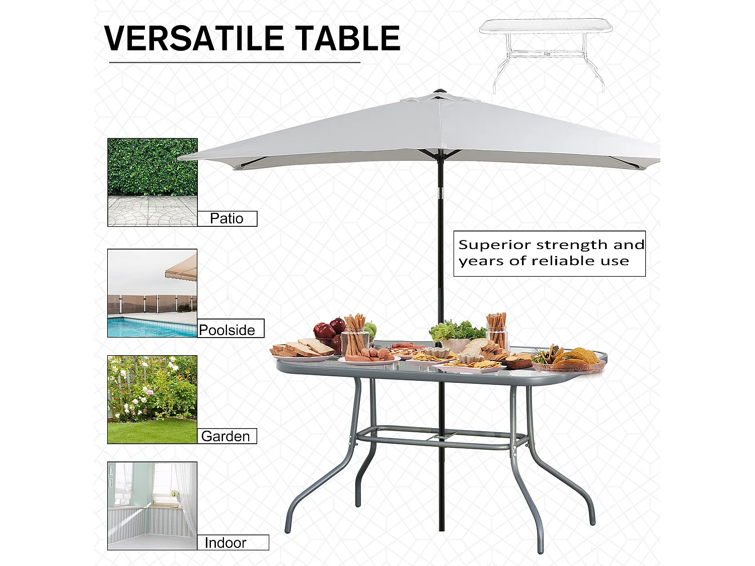 Lemone 120cm Charcoal Grey Rectangular Garden Dining Table with Glass Top and Parasol Hole
