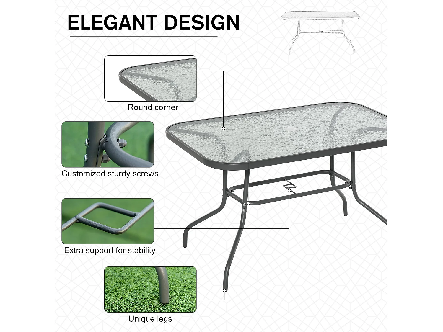Lemone 120cm Charcoal Grey Rectangular Garden Dining Table with Glass Top and Parasol Hole