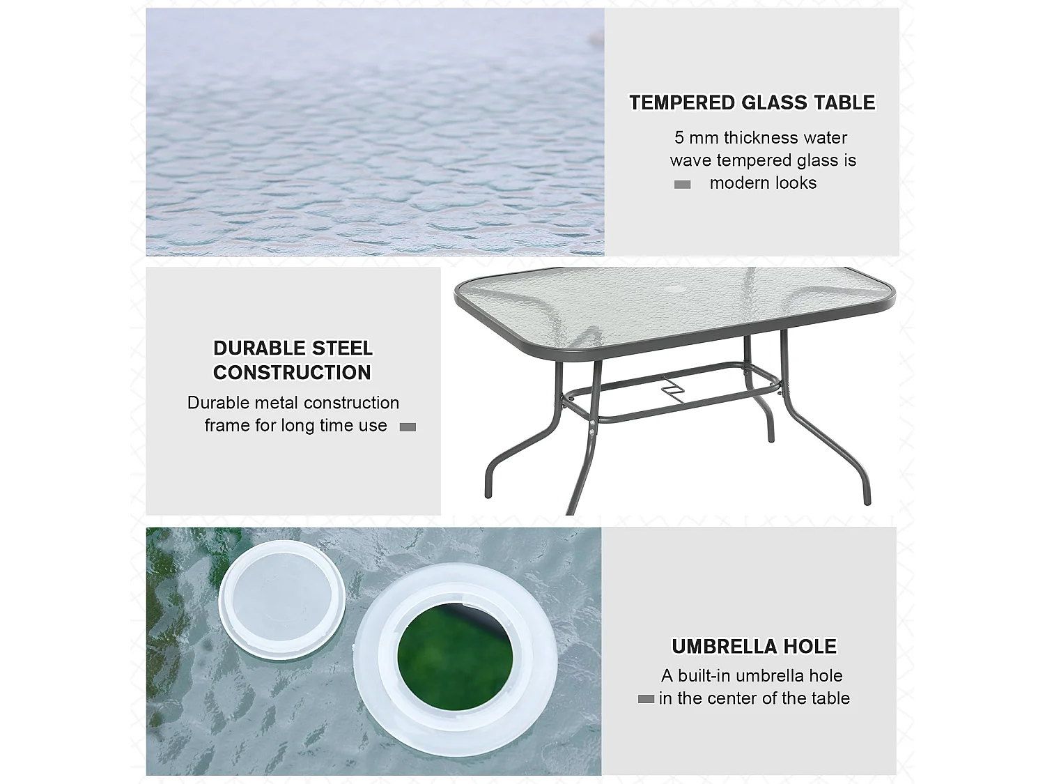 Lemone 120cm Charcoal Grey Rectangular Garden Dining Table with Glass Top and Parasol Hole