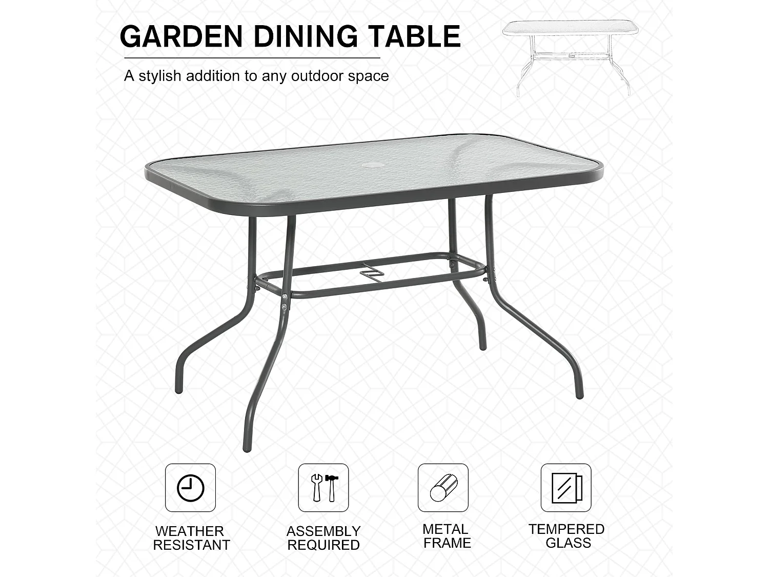 Lemone 120cm Charcoal Grey Rectangular Garden Dining Table with Glass Top and Parasol Hole