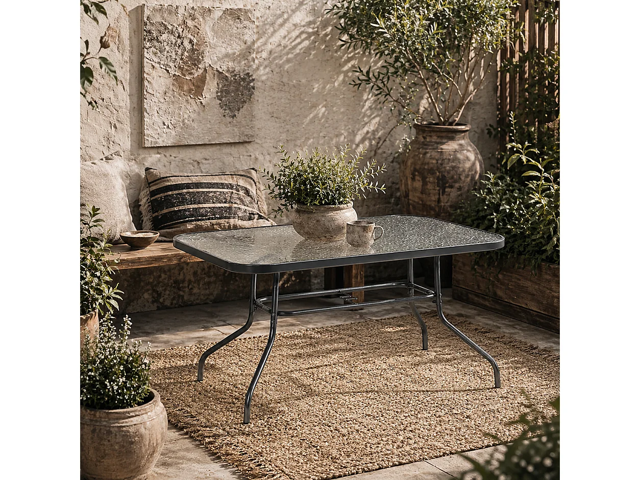 Lemone 120cm Charcoal Grey Rectangular Garden Dining Table with Glass Top and Parasol Hole