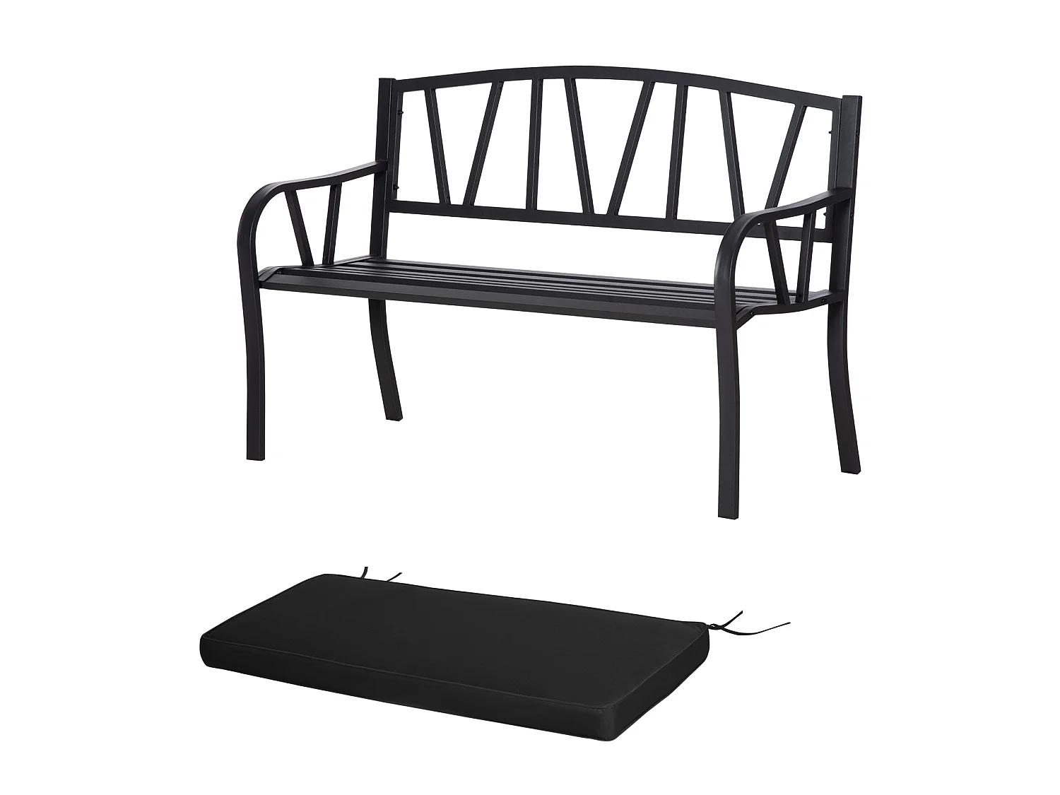 Sutte 2 Seater Black Metal Outdoor Bench with Cushion and Decorative Backrest