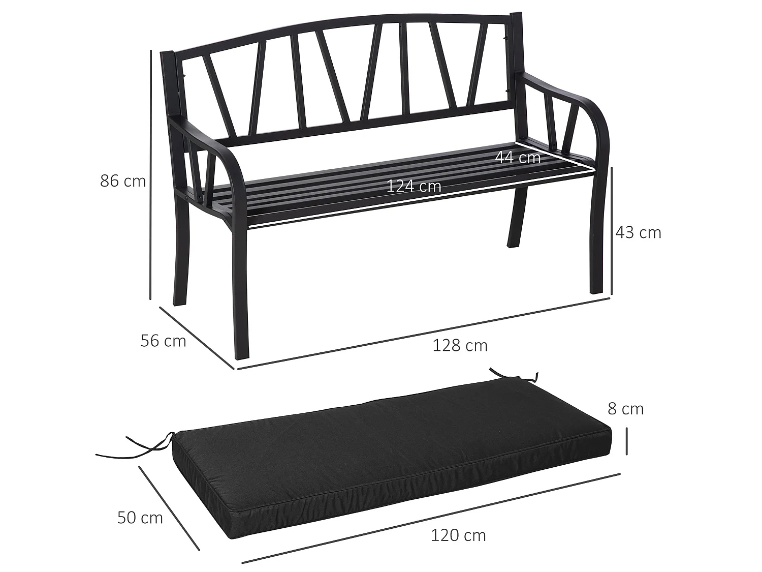Sutte 2 Seater Black Metal Outdoor Bench with Cushion and Decorative Backrest