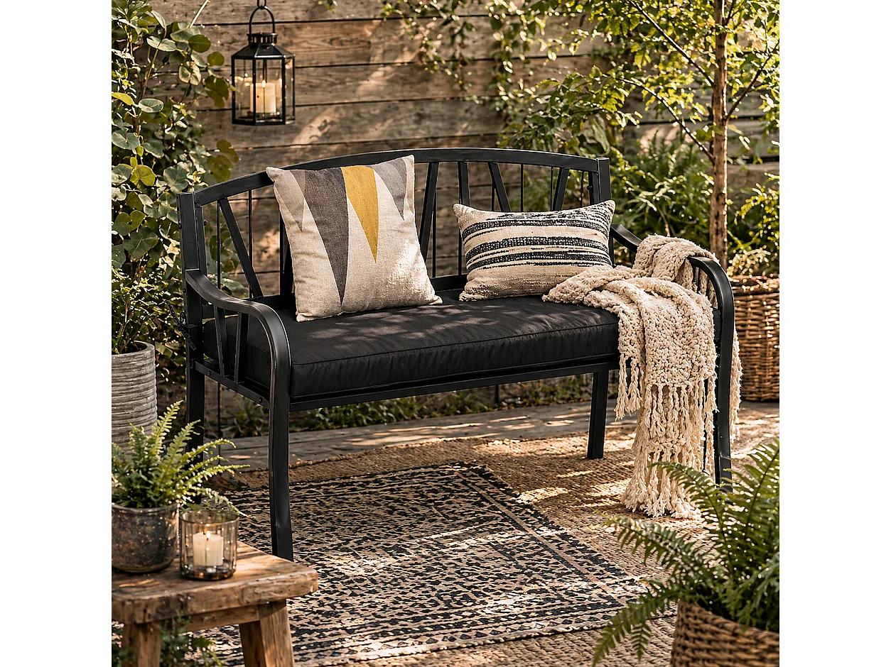 Sutte 2 Seater Black Metal Outdoor Bench with Cushion and Decorative Backrest