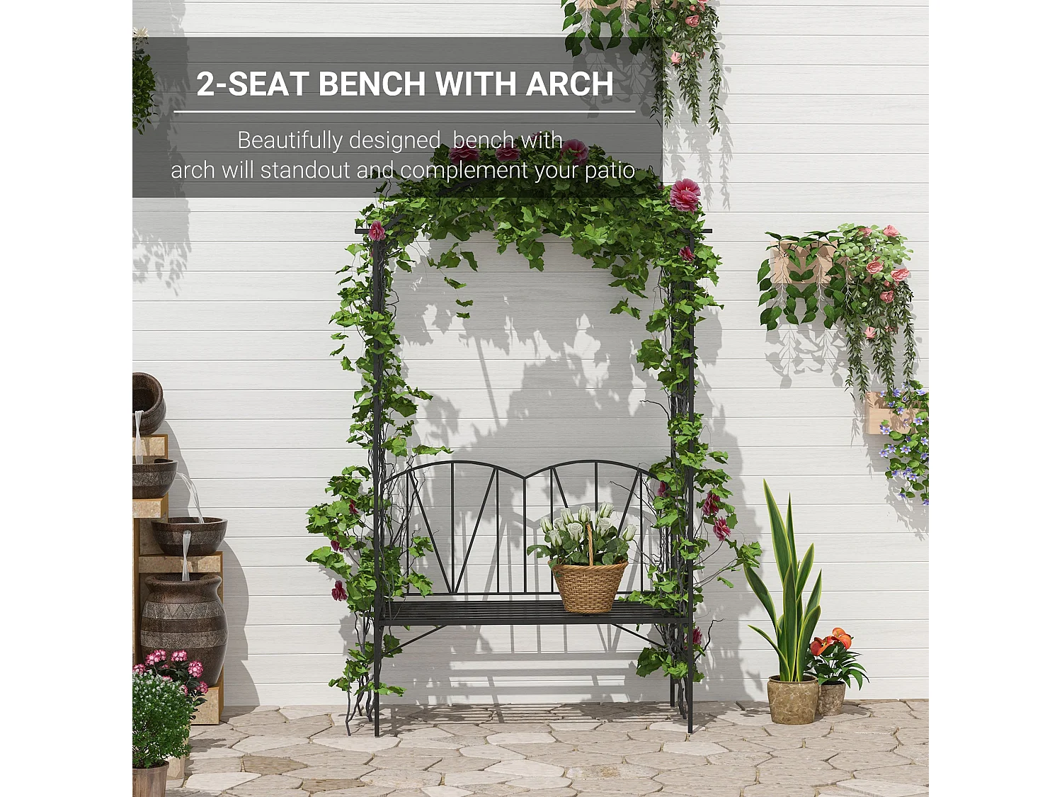 Black Metal 2 Seater Garden Bench with Arch Back for Climbing Plants