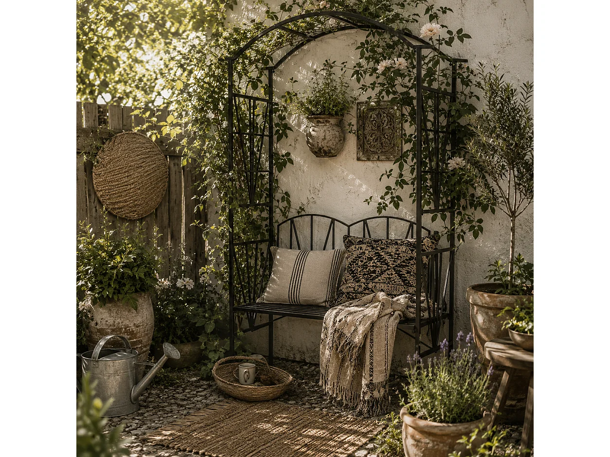 Black Metal 2 Seater Garden Bench with Arch Back for Climbing Plants