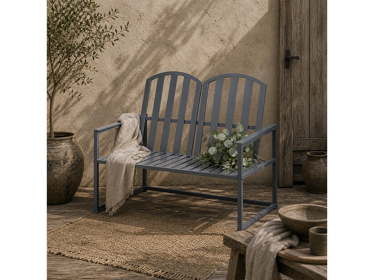 Yoraha Steel Grey Outdoor Garden Bench 2‑Seater Slatted Design