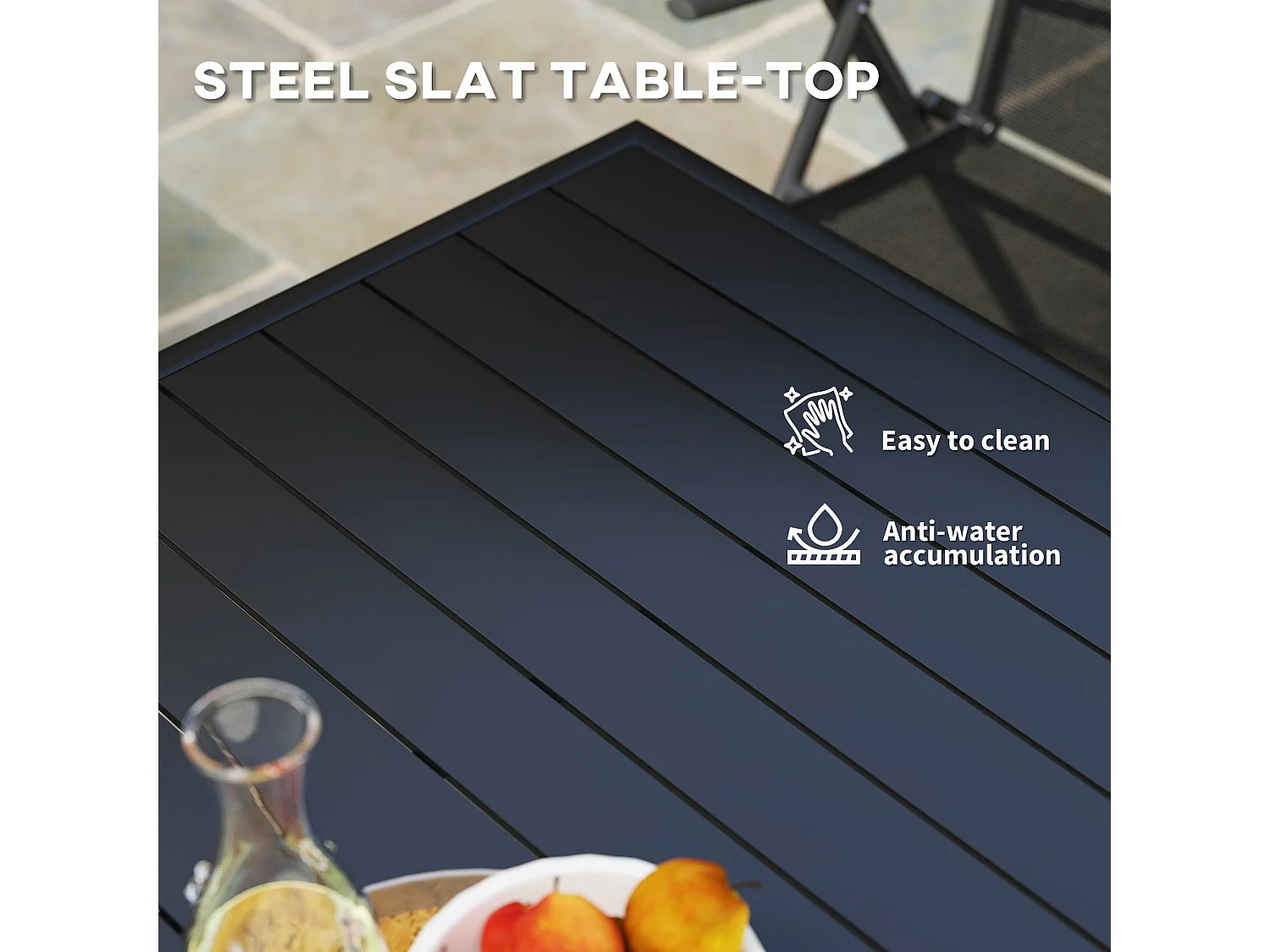 Nanodor 80cm Square Outdoor Dining Table Black Slatted Top Seats 4