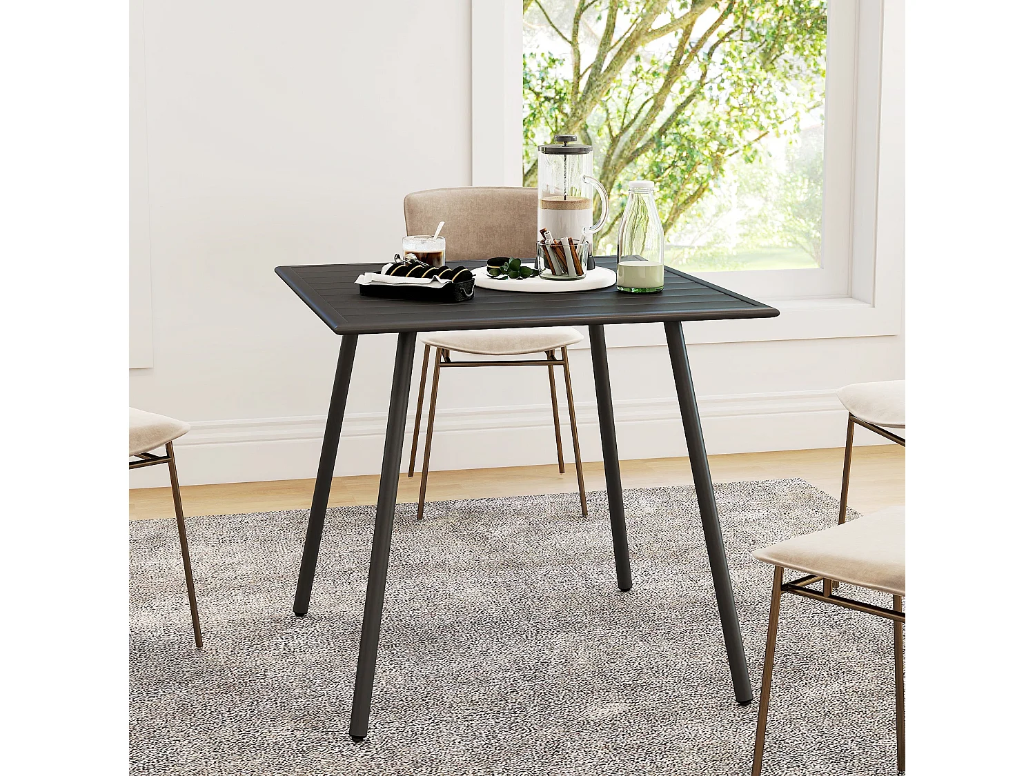Nanodor 80cm Square Outdoor Dining Table Black Slatted Top Seats 4
