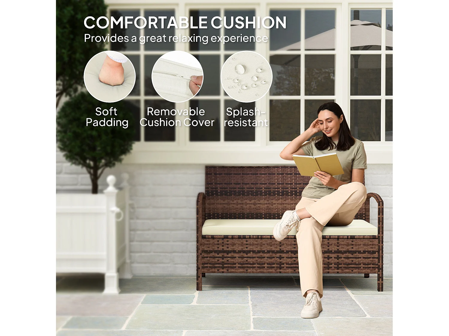 Rarette Brown PE Rattan Garden Storage Bench With Cushion 125L