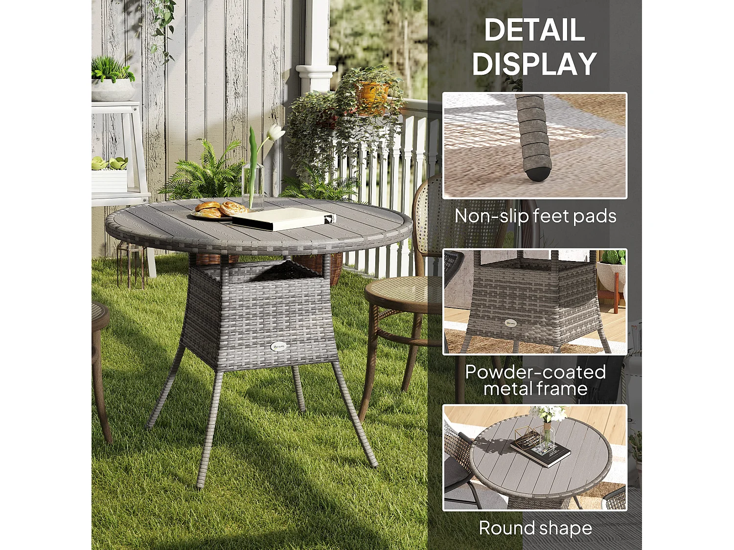 Ladido 90cm Grey Rattan Wood Effect Outdoor Dining Table