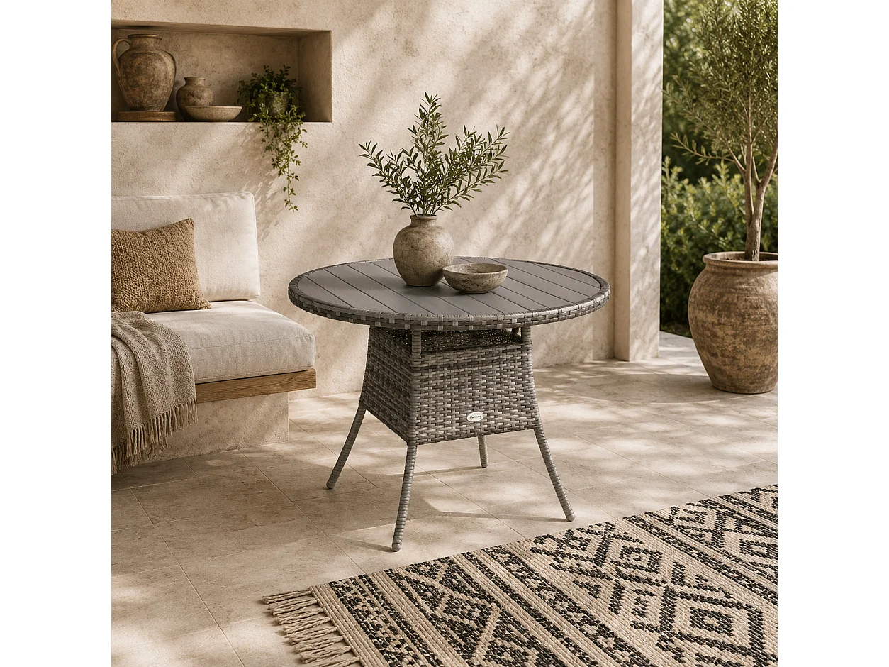 Ladido 90cm Grey Rattan Wood Effect Outdoor Dining Table
