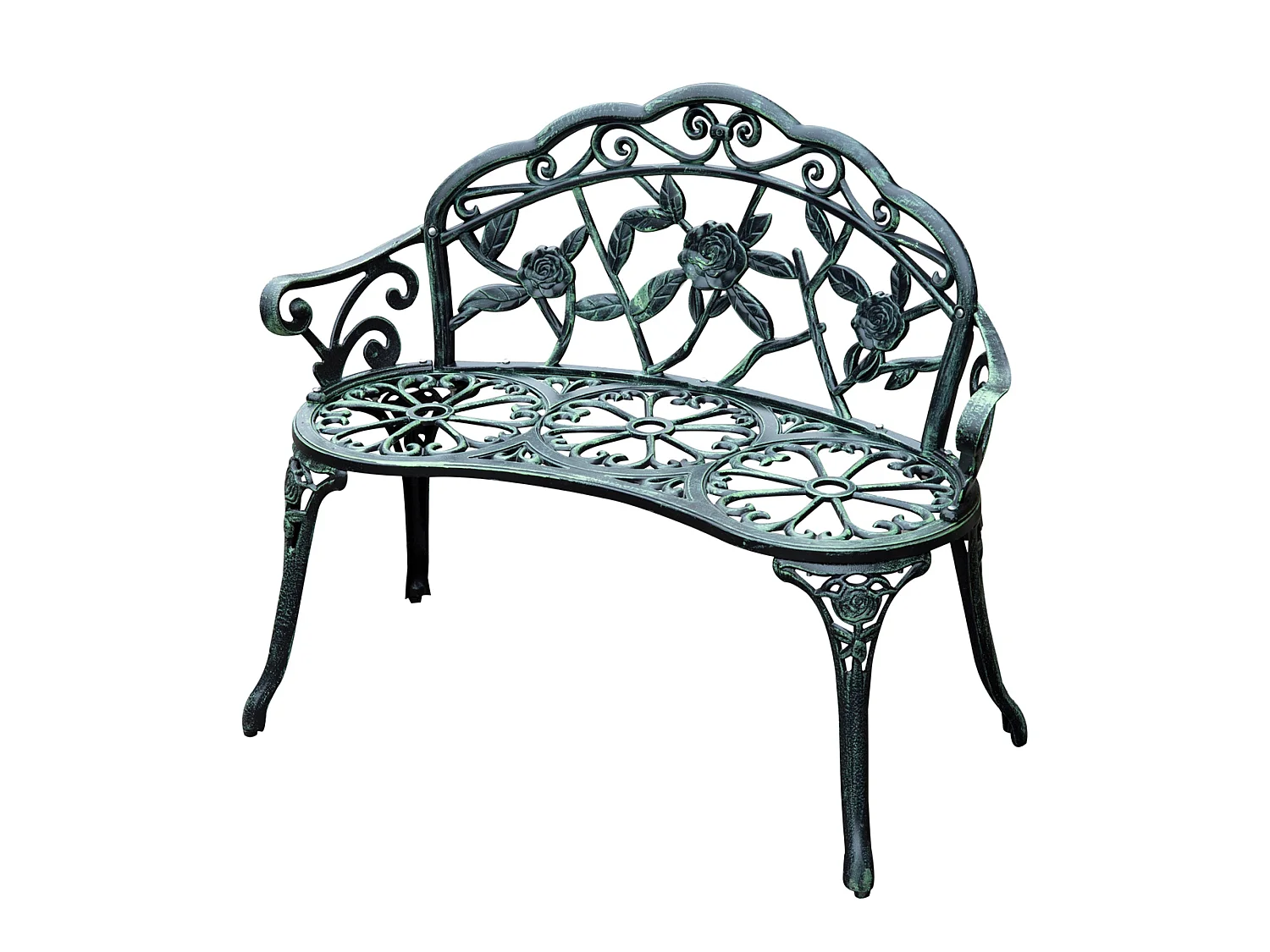 Rakeba Cast Aluminium Antique Green 2 Seater Garden Bench with Floral Backrest