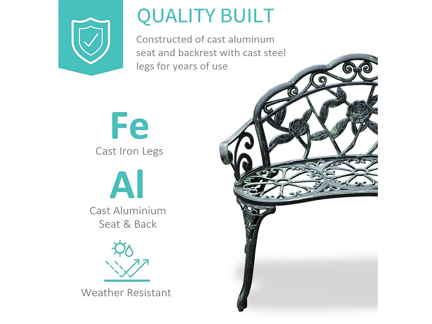 Rakeba Cast Aluminium Antique Green 2 Seater Garden Bench with Floral Backrest