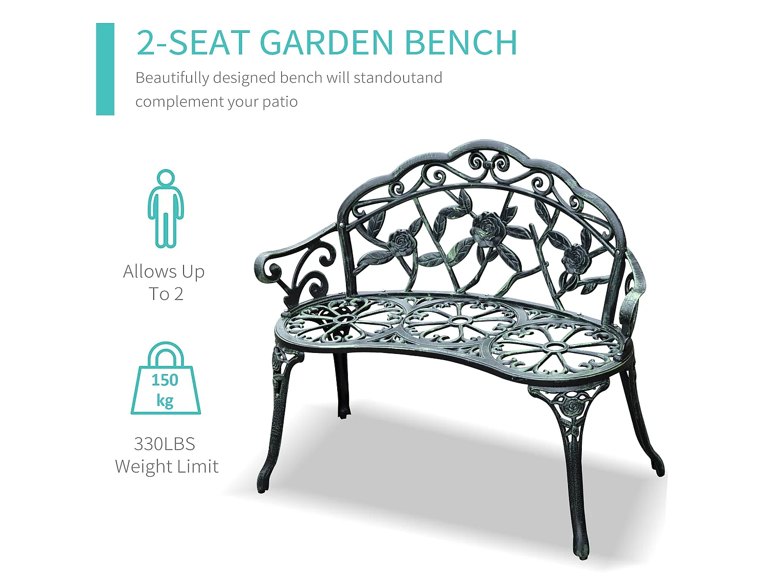 Rakeba Cast Aluminium Antique Green 2 Seater Garden Bench with Floral Backrest