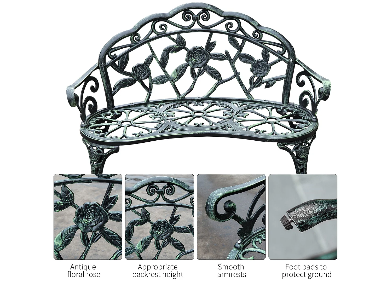 Rakeba Cast Aluminium Antique Green 2 Seater Garden Bench with Floral Backrest