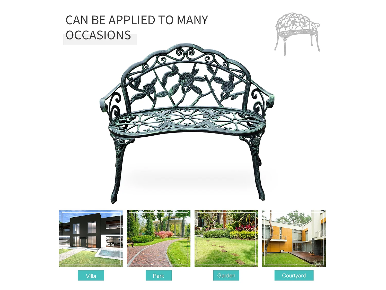 Rakeba Cast Aluminium Antique Green 2 Seater Garden Bench with Floral Backrest