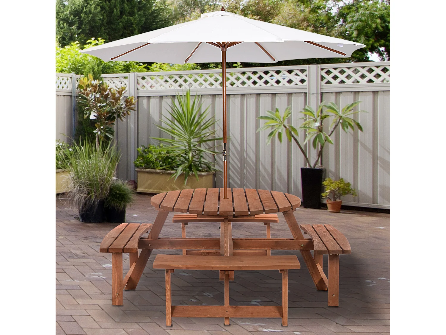Bataba Brown Fir Wood 8 Seater Round Outdoor Picnic Table Set