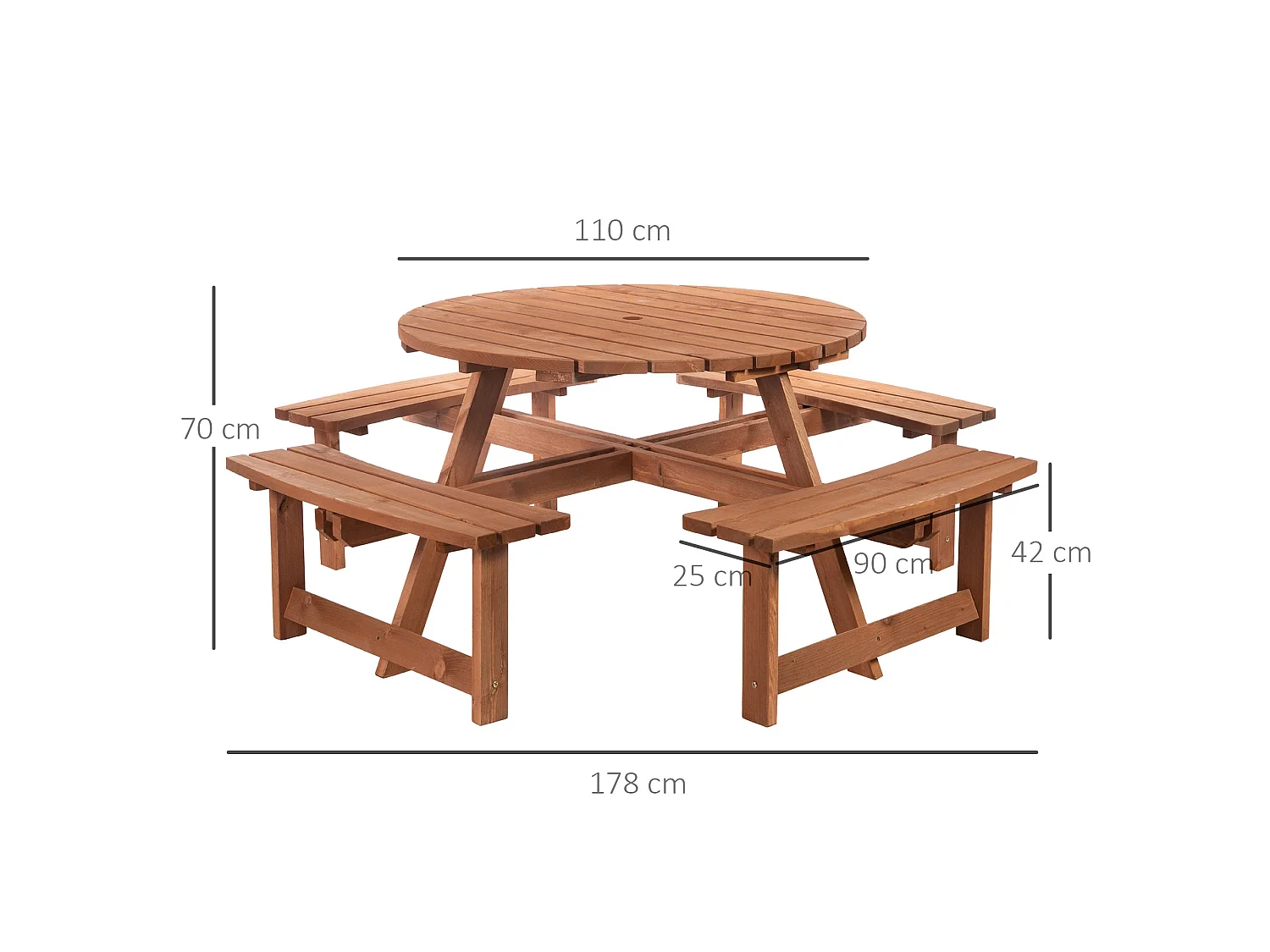 Bataba Brown Fir Wood 8 Seater Round Outdoor Picnic Table Set