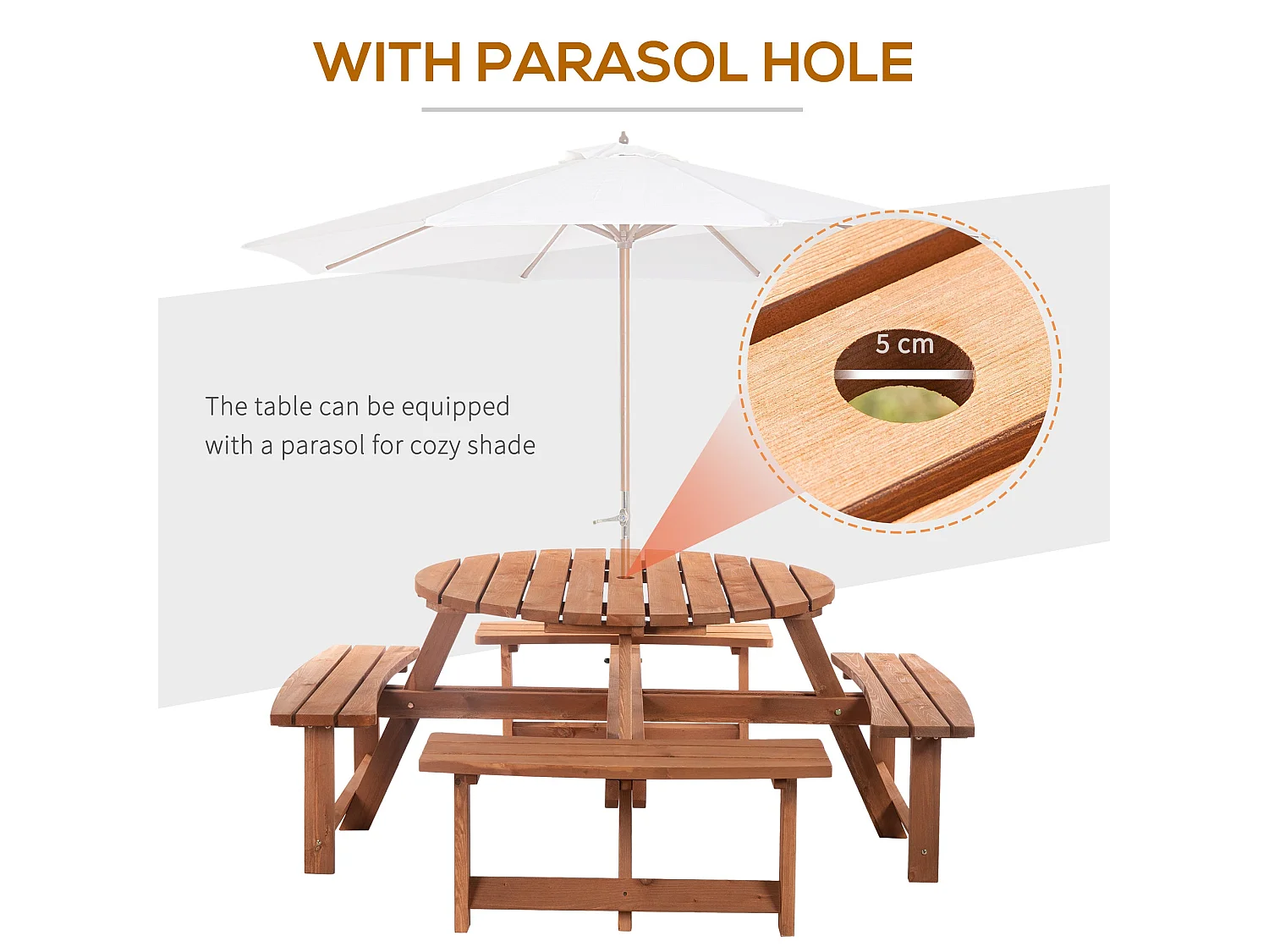 Bataba Brown Fir Wood 8 Seater Round Outdoor Picnic Table Set
