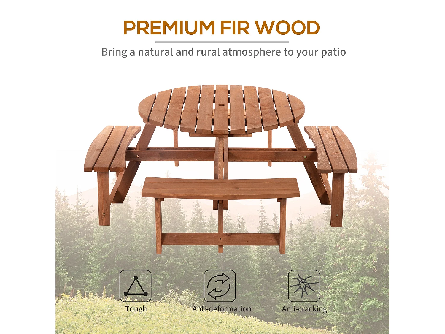 Bataba Brown Fir Wood 8 Seater Round Outdoor Picnic Table Set