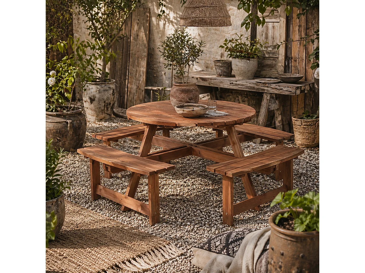 Bataba Brown Fir Wood 8 Seater Round Outdoor Picnic Table Set